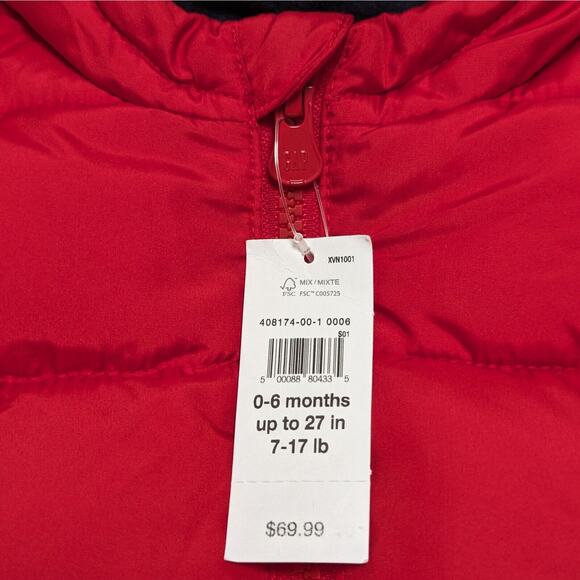 Baby GAP Puffer Jacket 0-6 Months Red ColdControl Hooded Fleece Lined Preppy - Picture 3 of 8